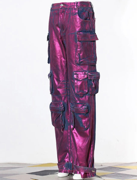 Women Fashion Purple Metallic Cargo Denim Pants