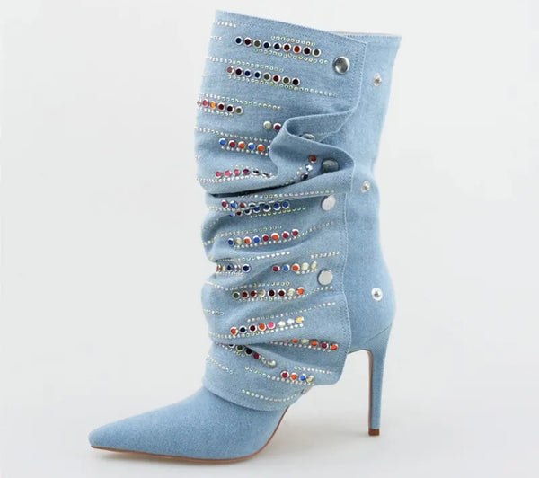 Women Fashion Button Color Rhinestone Denim Boots