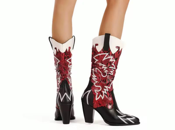 Women Fashion Color Animal Print Faux Leather Western Boots