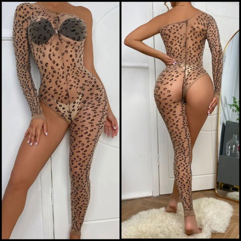 Women Sexy Leopard Print One Shoulder/Leg Jumpsuit Lingerie