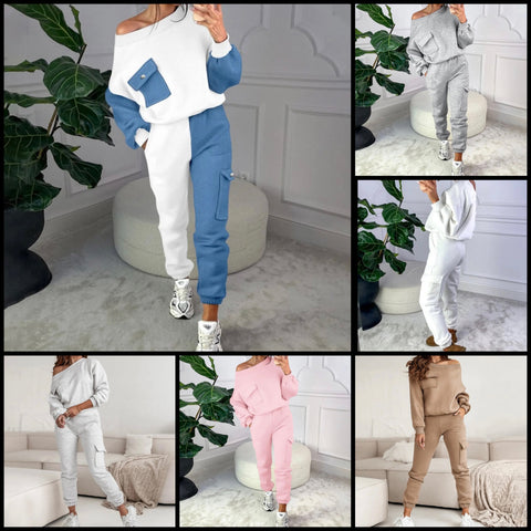Women Fashion Off The Shoulder Two Piece Pocket Tracksuit Pant Set