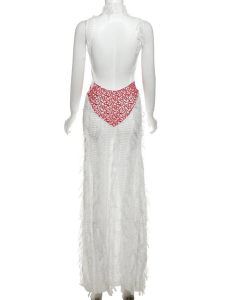 Women Sexy Halter Sleeveless Fringe Mesh Maxi Dress