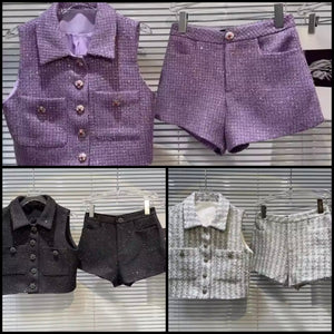 Women Sleeveless Button Up Tweed Two Piece Short Set