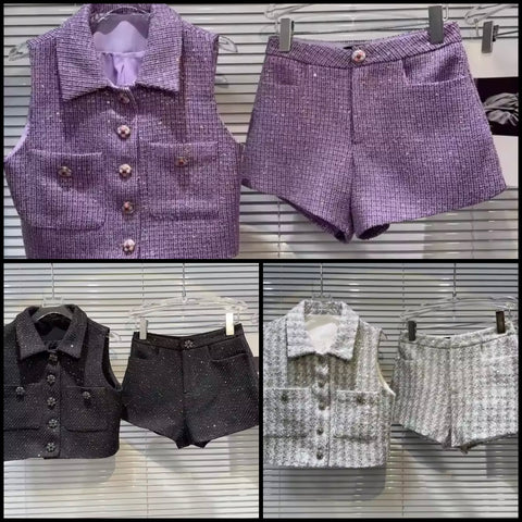 Women Sleeveless Button Up Tweed Two Piece Short Set