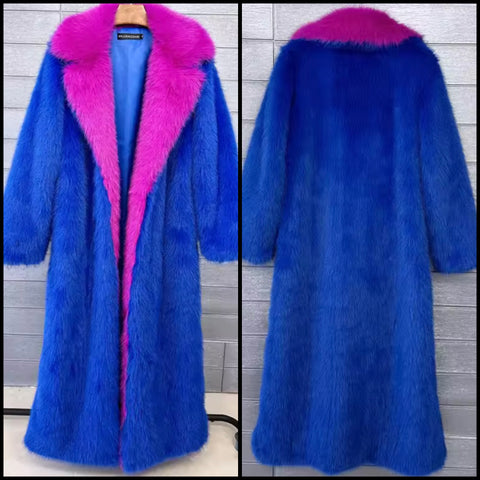 Women Color Patchwork Fashion Faux Fur Long Jacket
