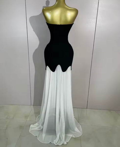 Women Sexy Strapless B&W Pearl Mesh Maxi Dress