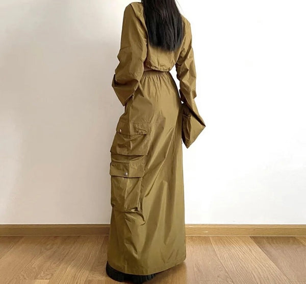 Women Fashion Zip Up Drawstring Two Piece Jacket Maxi Skirt Set