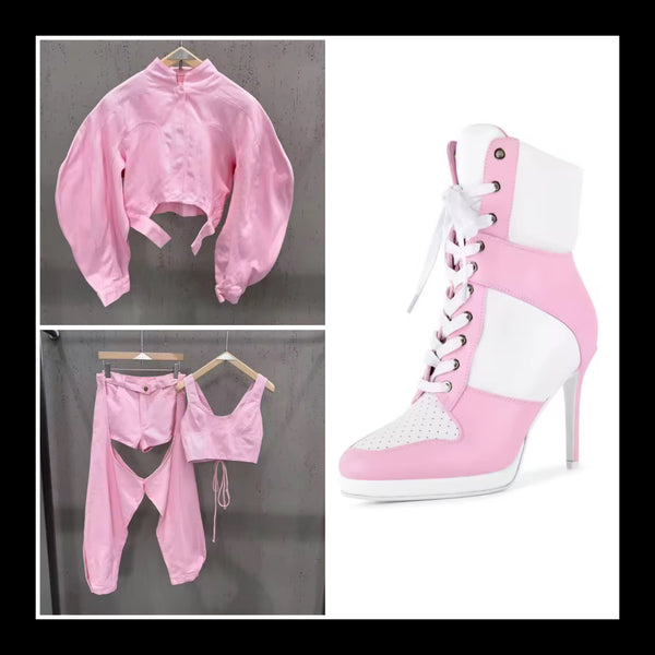 Women Fashion Pointed Toe Tie Up High Heel Ankle Boots
