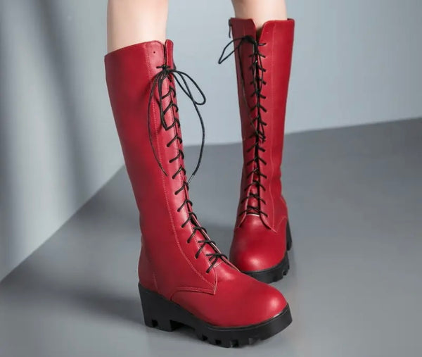 Women Fashion Faux Leather Lace Up Platform Knee High Boots