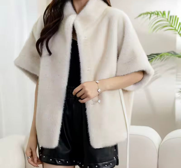 Women Fashion Warm Short Sleeve Faux Fur Belted Jacket