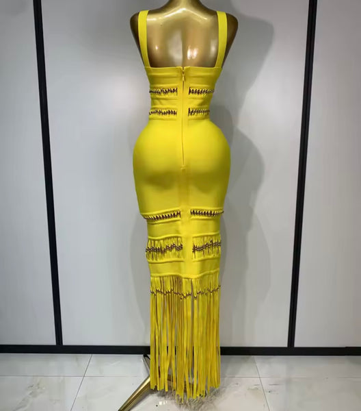 Women Yellow Sleeveless Fringe Tassel Beaded Maxi Dress