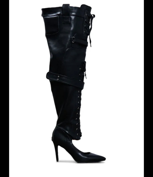 Women Fashion Black Buckled Lace Up Faux Leather Knee High Boots