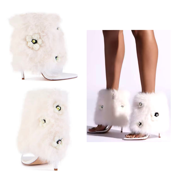 Women White Faux Fur Floral Fashion High Heel Ankle Boots