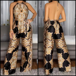 Women Sexy Printed Halter Sleeveless Open Back Two Piece Pant Set