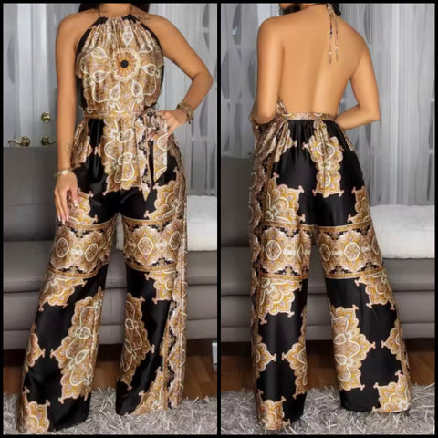 Women Sexy Printed Halter Sleeveless Open Back Two Piece Pant Set