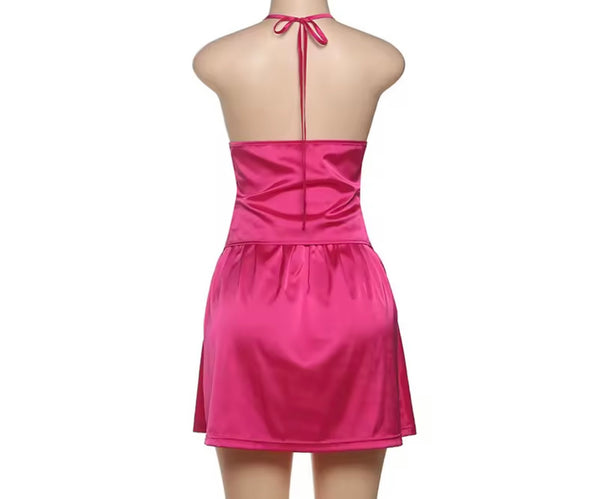Women Color Sexy Satin Halter Sleeveless Corset Dress