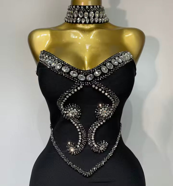 Women Sexy Choker Strapless Gray Rhinestone Maxi Dress