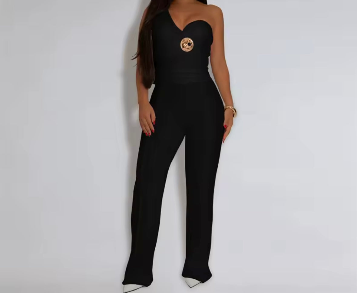 Women One Shoulder Sleeveless Solid Color Two Piece Pant Set