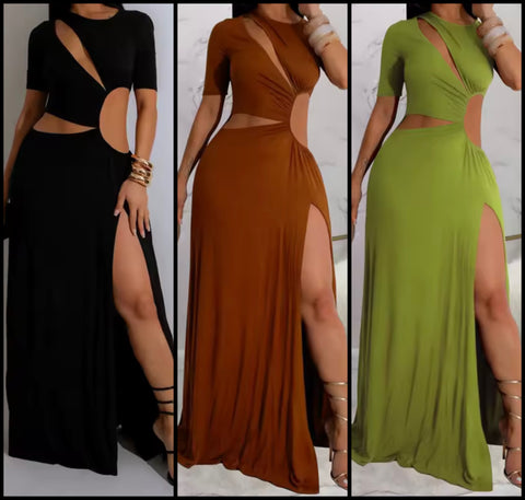 Women Sexy Solid Color Short Sleeve Cut Out Side Split Maxi Dress
