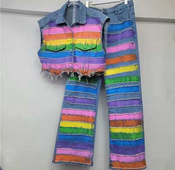 Women Sleeveless Graffiti Pearl Denim Two Piece Pant Set