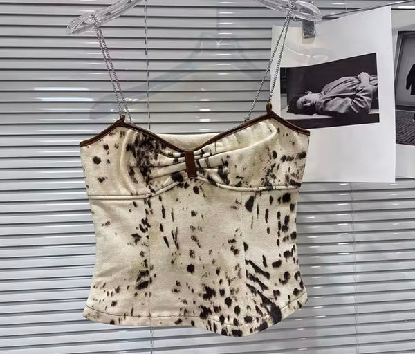 Women Chain Sleeveless Leopard Print Denim Two Piece Pant Set