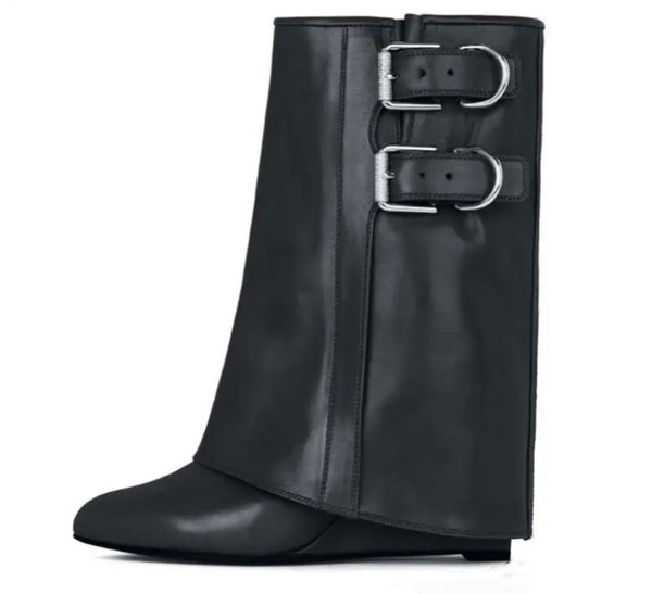 Women Fashion Faux Leather Buckled Wedge Ankle Boots