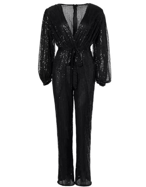 Women Sexy Sequins V-Neck Full Sleeve Tie Up Jumpsuit