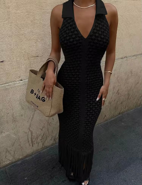 Women Sexy Halter Sleeveless Knitted Tassel Maxi Dress