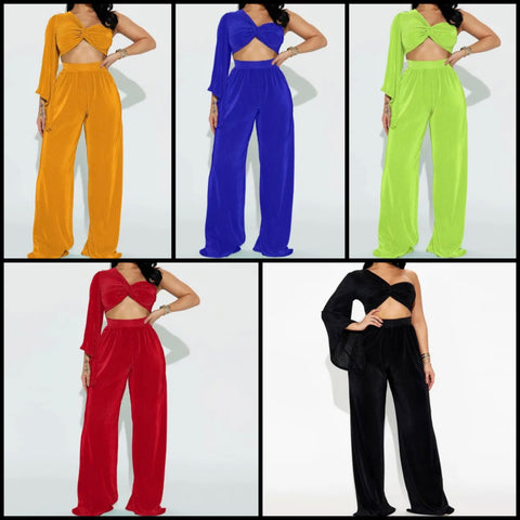 Women Sexy One Shoulder Solid Color Two Piece Pant Set