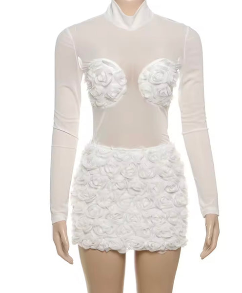 Women White Sexy 3D Floral Mesh Bodysuit Two Piece Skirt Set