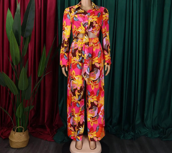 Women Fashion Button Up Floral Full Sleeve Two Piece Pant Set