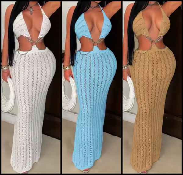 Women Sexy Chain Halter Sleeveless Knitted Maxi Dress