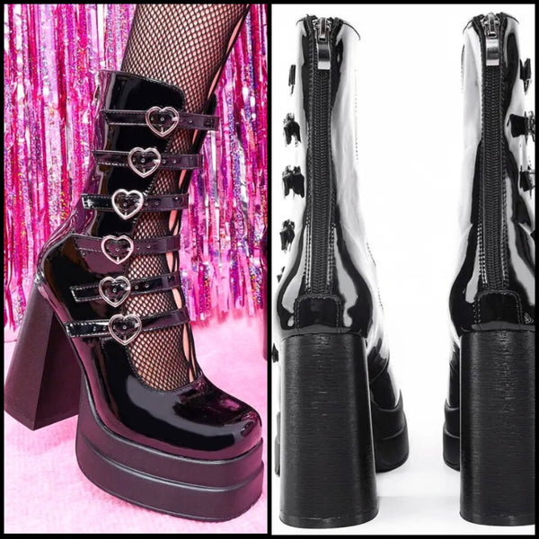 Women Black Heart Patent Leather Platform High Heels