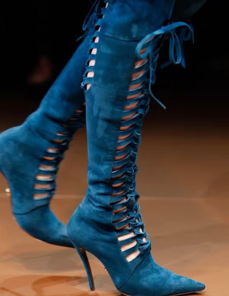 Women Color Fashion Pointed Toe Tie Up Suede Knee High Boots