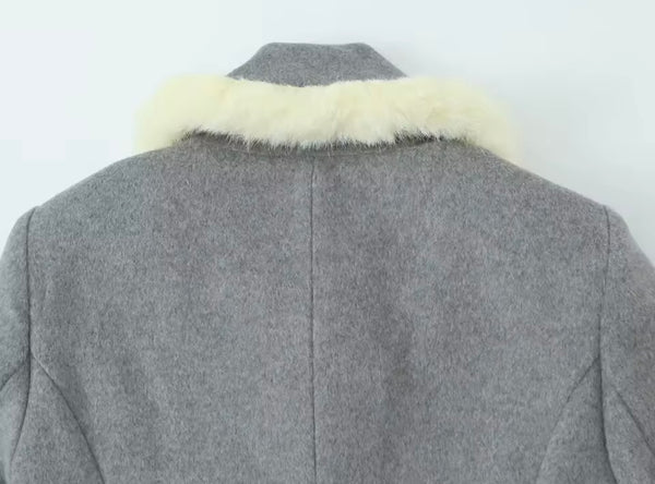 Women Fur Patchwork Button Up Full Sleeve Two Piece Short Set