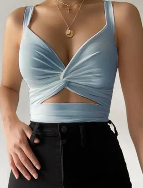 Women Solid Color Sleeveless Fashion Tie Up Crop Top