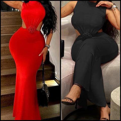 Women Sexy Sleeveless Cut Out 3D Rose Maxi Dress
