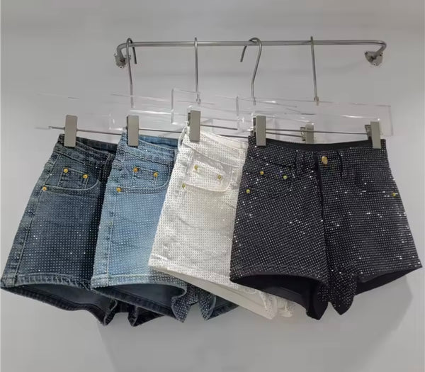 Women Fashion High Waist Bling Rhinestone Denim Shorts