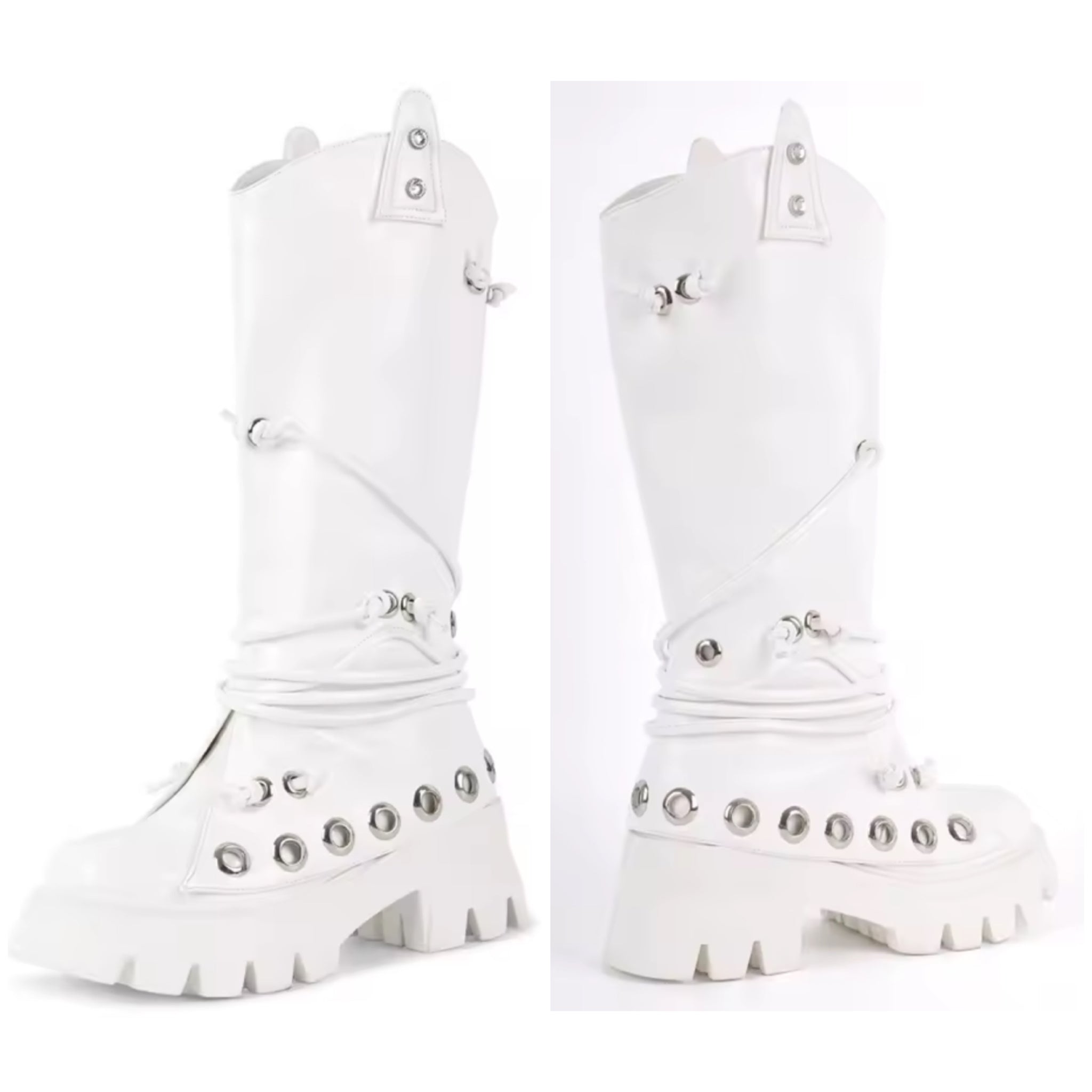 Women White Metal Ring Fashion Flat Knee High Boots