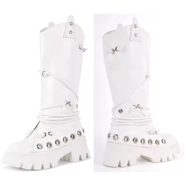 Women White Metal Ring Fashion Flat Knee High Boots