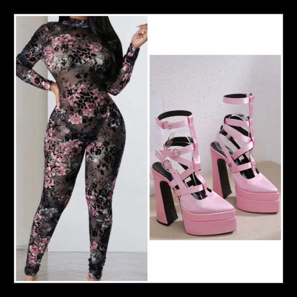 Women Sexy Full Sleeve Floral Mesh Jumpsuit