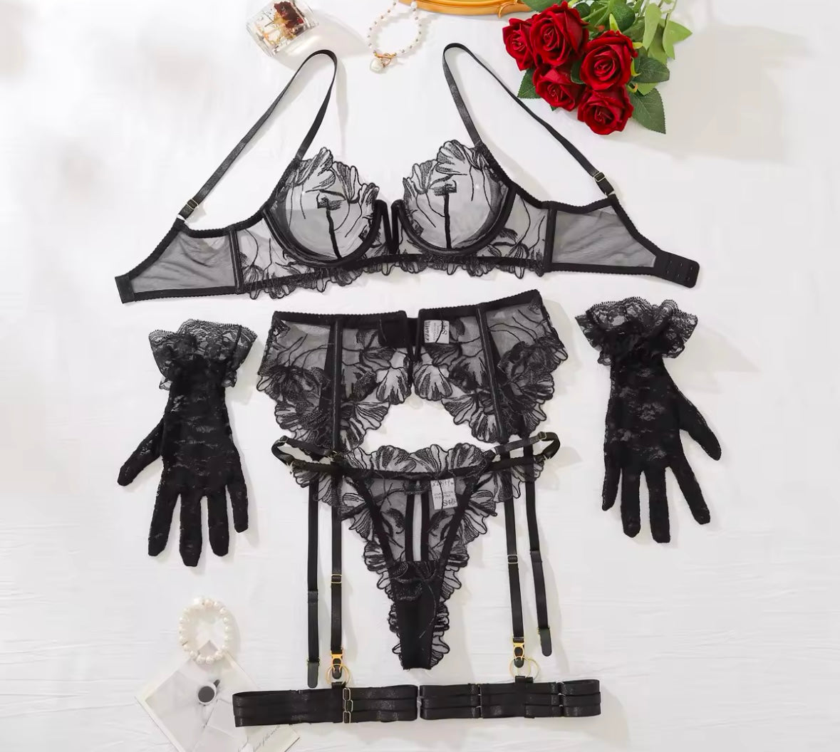 Women Sexy Glove Mesh Lingerie Set