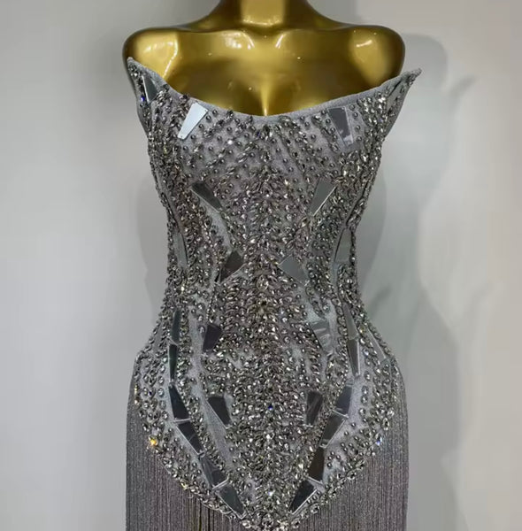 Women Silver Sexy Strapless Rhinestone Fringe Tassel Dress