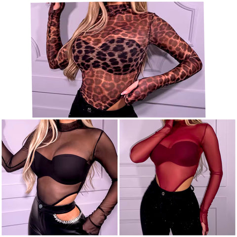 Women Sexy See Through Mesh Full Sleeve Bodysuit Top