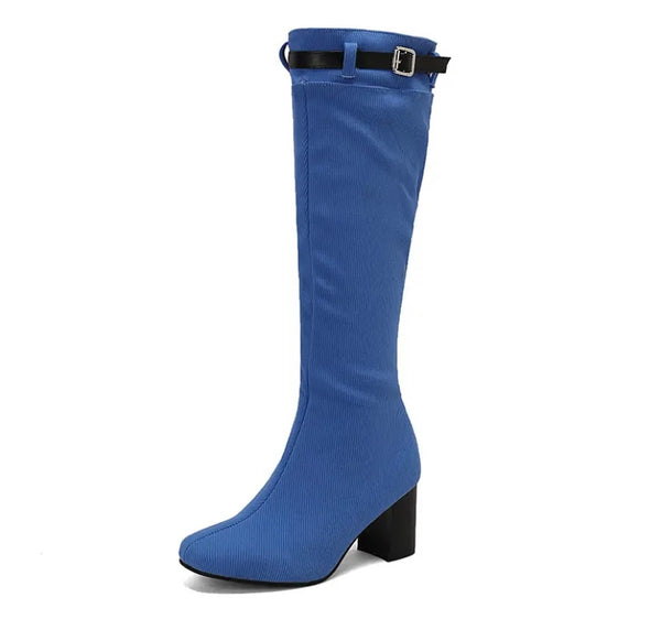Women Fashion Color Buckled Zip Up Knee High Boots