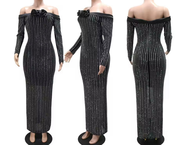 Women Sexy Off The Shoulder Full Sleeve Rhinestone Maxi Dress
