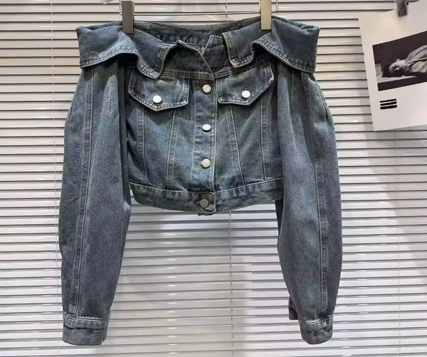 Women Fashion Off The Shoulder Button Up Denim Jacket