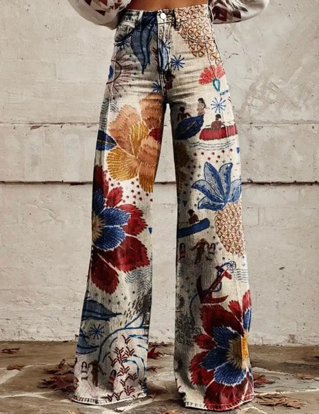 Women Color Printed Fashion Wide Leg Pants