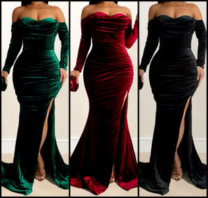 Women Sexy Velour Off The Shoulder Full Sleeve Maxi Dress