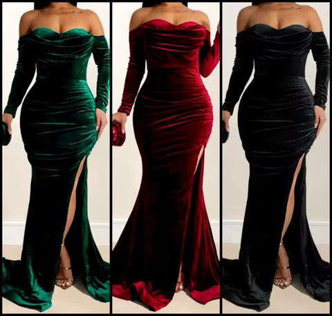 Women Sexy Velour Off The Shoulder Full Sleeve Maxi Dress